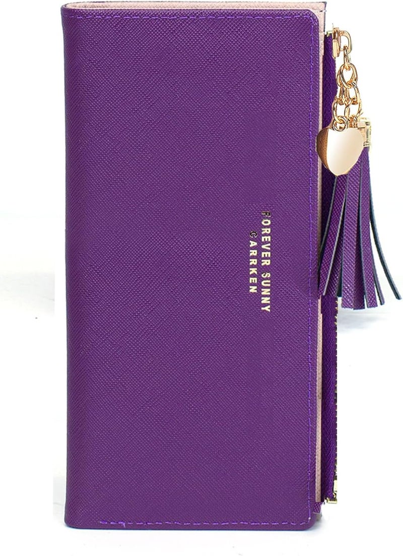 KOTORA Womens Slim Wallet Girls Thin Wallets Pretty Mini Long Card Holder Small Tiny Clutch Zip Purse Love Pendant Tassels Billfold (Purple) - Image 1